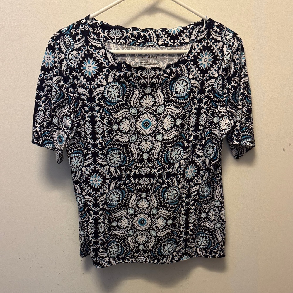 Talbots Black Short Sleeve Top with Light Blue & White Medallion Print